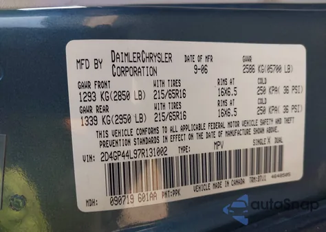 2007 Dodge Grand Caravan Sxt from USA, damaged, VIN 2D4GP44L97R131002